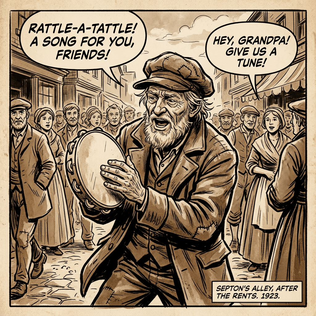 Comic panel: bearded man plays tambourine; text reads “RATTLE-A-TATTLE! A SONG FOR YOU, FRIENDS!”, “HEY, GRANDPA! GIVE US A TUNE!”, and “SEPTON’S ALLEY, AFTER THE RENTS. 1923.”
