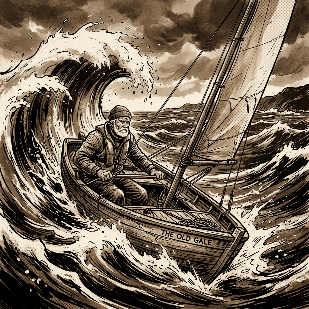Sailor steering The Old Gale through towering storm waves
