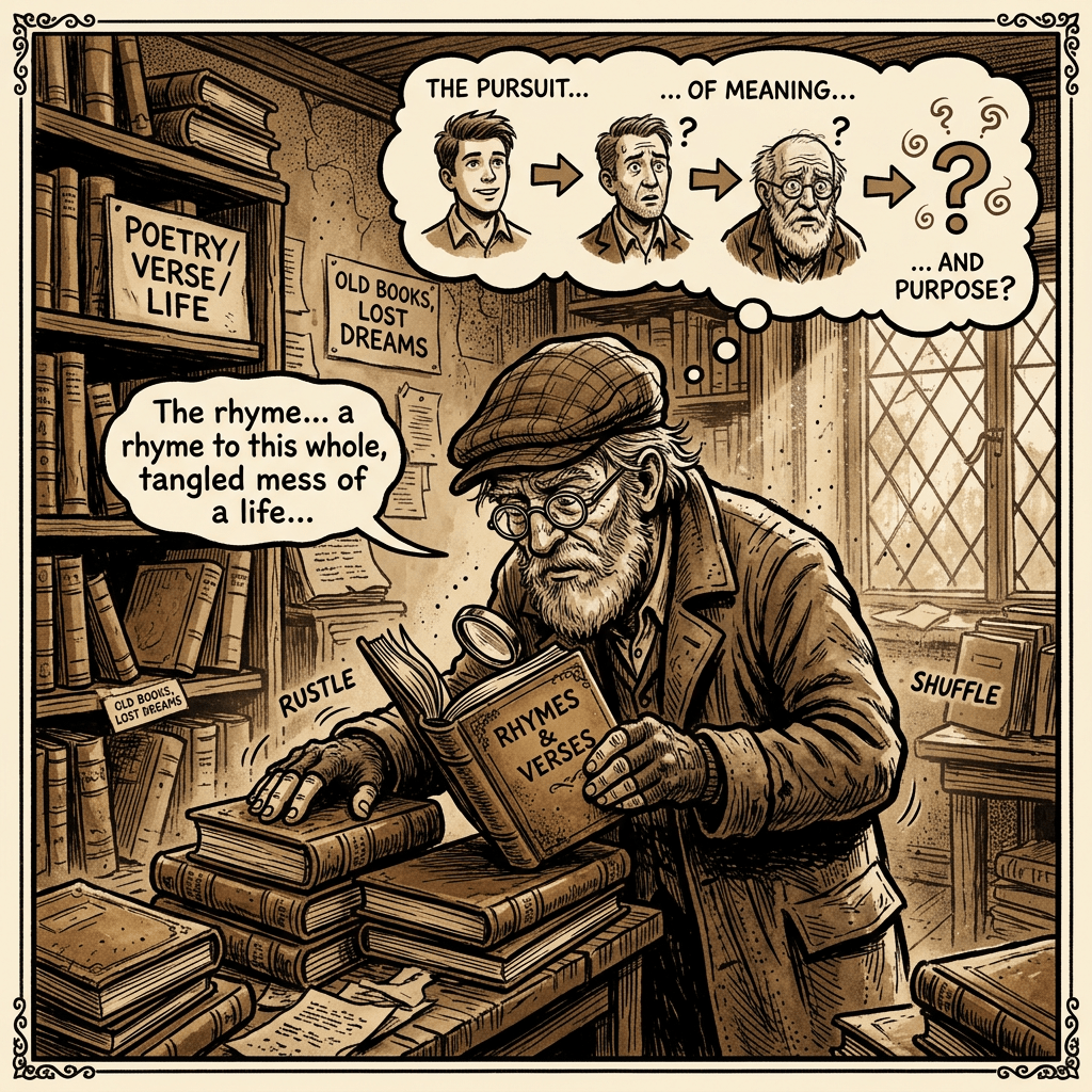 Illustrated bookseller reading Rhymes Verses; text: Poetry Verse Life; Old Books Lost Dreams; The Pursuit... Of Meaning... And Purpose?; The rhyme... a rhyme to this whole, tangled mess of a life...; Rustle; Shuffle.