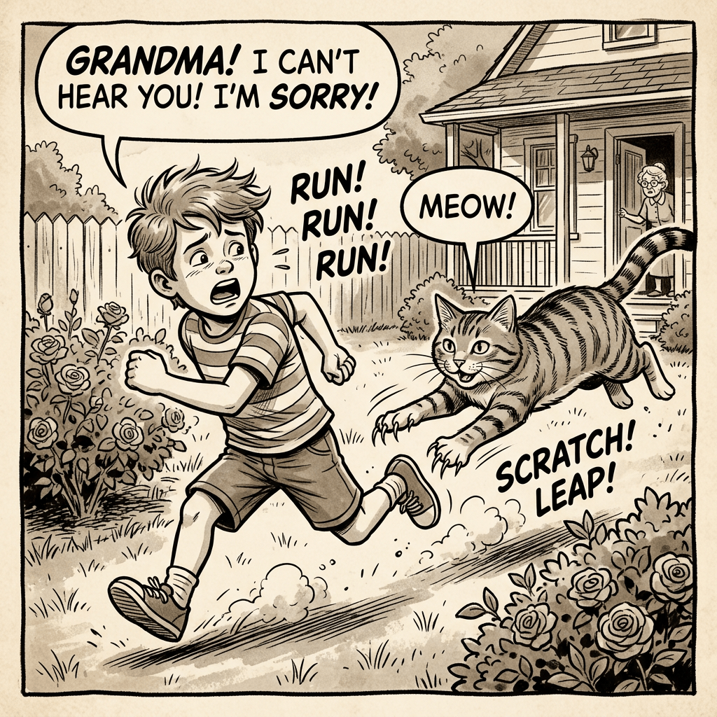 Comic panel of boy running from cat with speech and sound effects