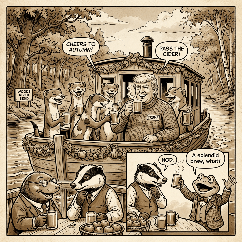 Comic with Trump and animals drinking cider; text reads WOODS RIVER BEND, CHEERS TO AUTUMN!, PASS THE CIDER!, TRUMP, NOD., and A splendid brew, what!