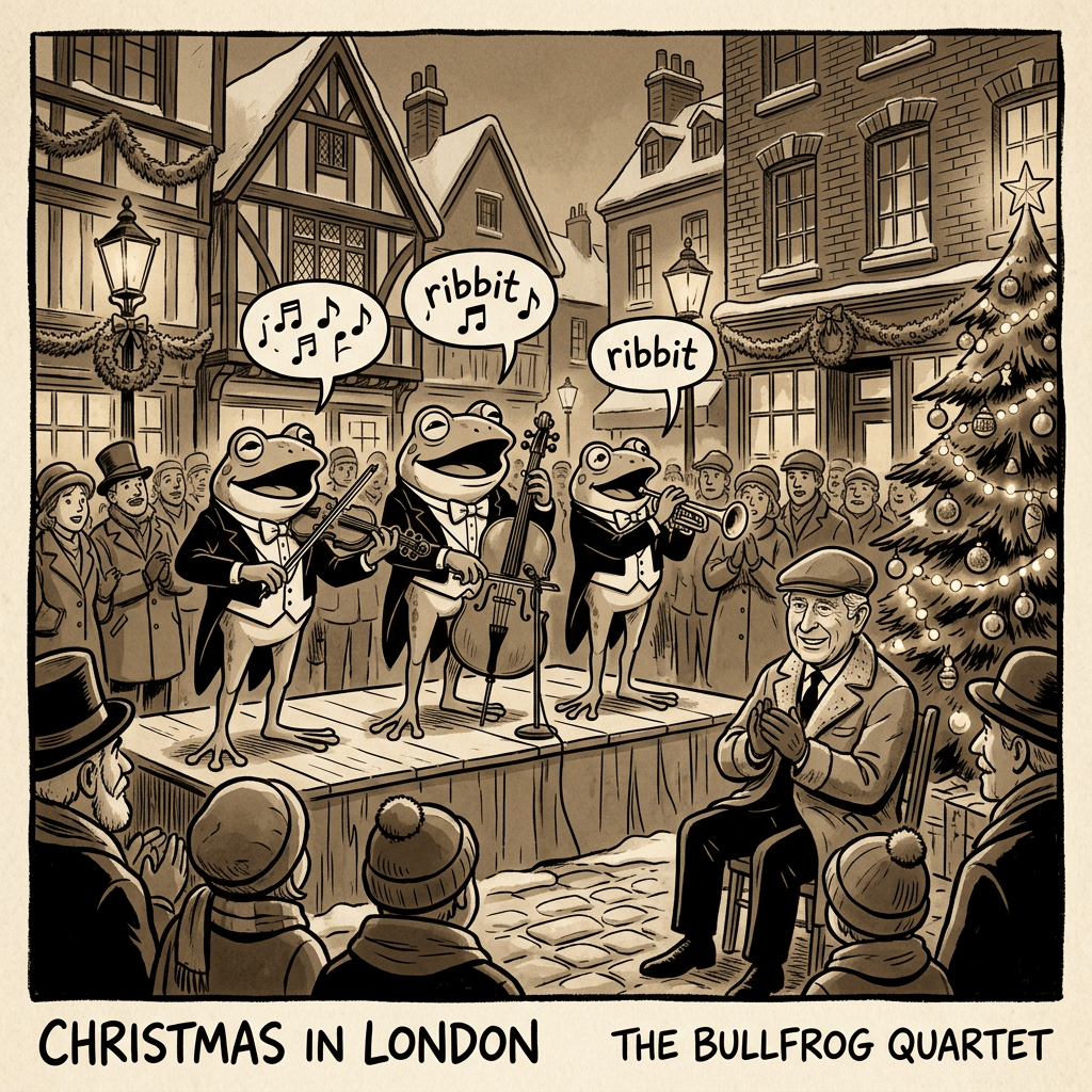 Illustration reading “CHRISTMAS IN LONDON” and “THE BULLFROG QUARTET,” with frogs performing.