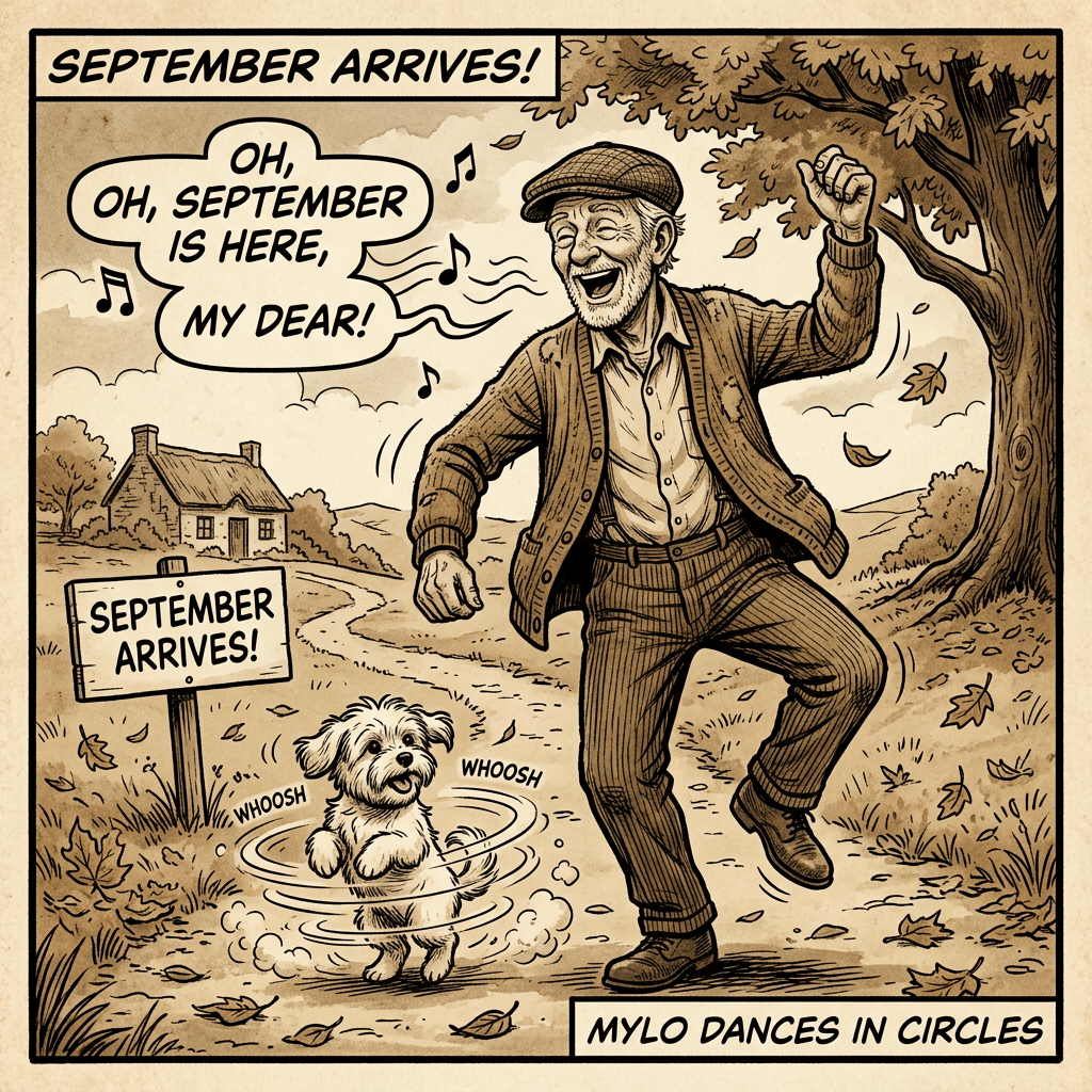 Text reads “SEPTEMBER ARRIVES!”, “OH, OH, SEPTEMBER IS HERE, MY DEAR!”, “SEPTEMBER ARRIVES!”, “WHOOSH,” “WHOOSH,” and “MYLO DANCES IN CIRCLES”; a man and dog dance outdoors.