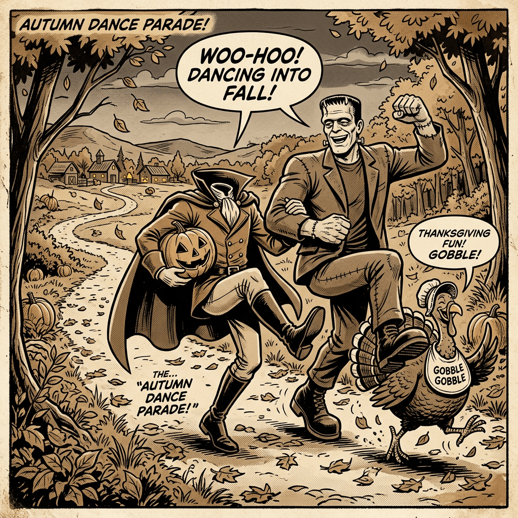 Comic panel text: AUTUMN DANCE PARADE! WOO-HOO! DANCING INTO FALL! THANKSGIVING FUN! GOBBLE! THE... AUTUMN DANCE PARADE! GOBBLE GOBBLE.