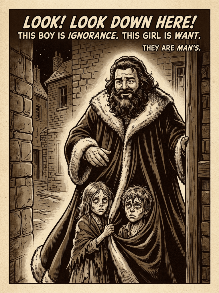 Illustration with text: “LOOK! LOOK DOWN HERE! THIS BOY IS IGNORANCE. THIS GIRL IS WANT. THEY ARE MAN’S.” A bearded man stands with two children.