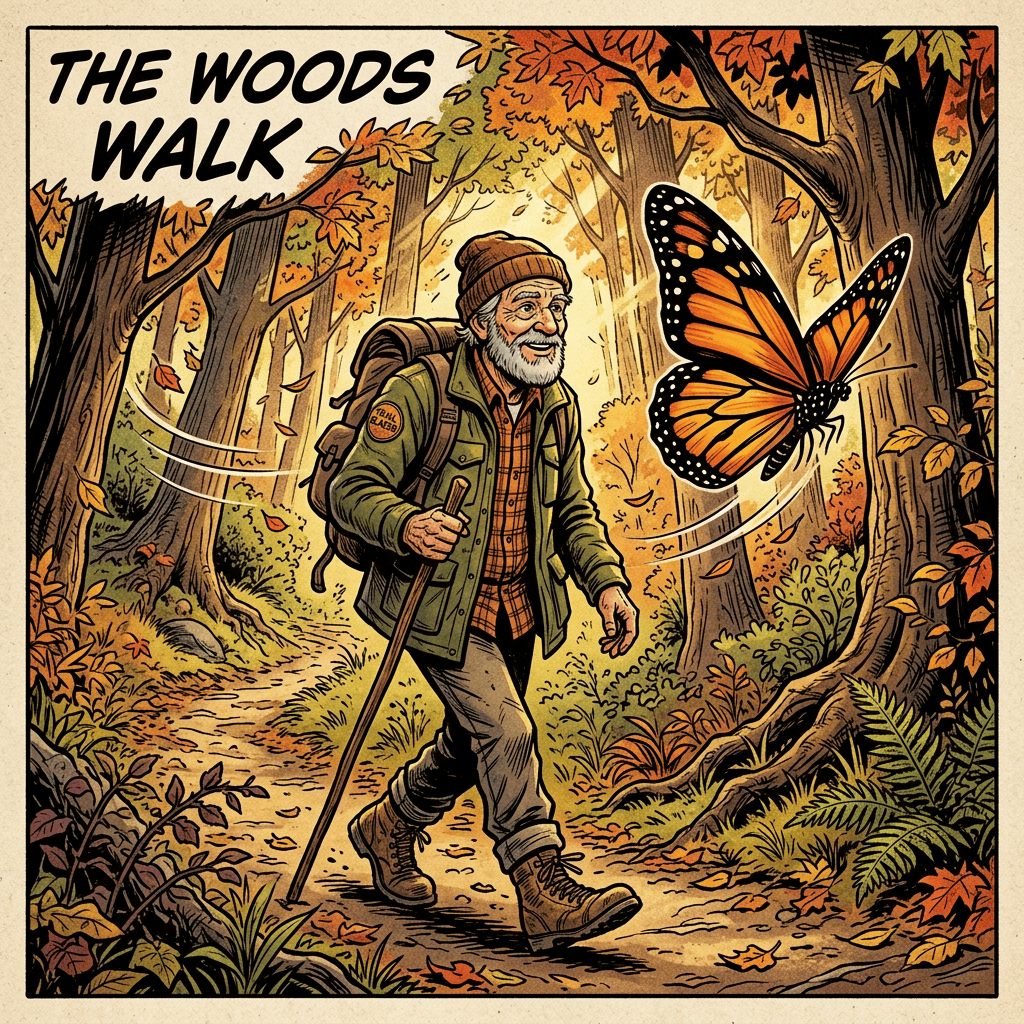 Hiker walking through autumn forest beside a large monarch butterfly