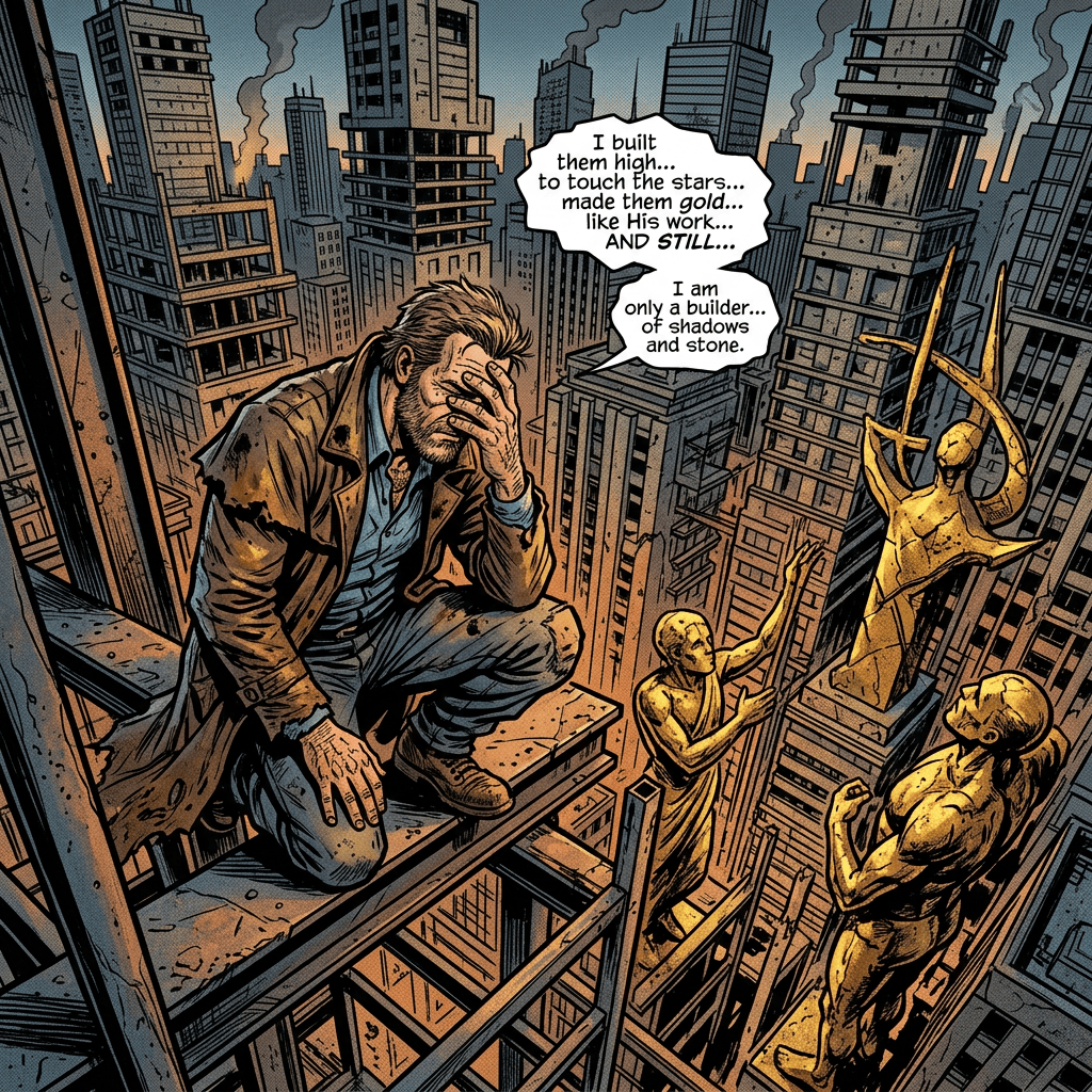 Weary builder on a steel beam above skyscrapers; speech bubbles read: "I built them high... to touch the stars... made them gold... like His work... AND STILL..." and "I am only a builder... of shadows and stone."