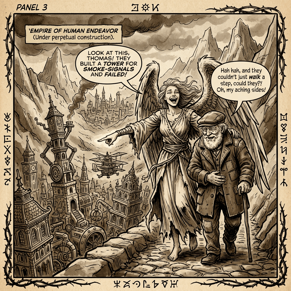 Panel 3: “Empire of Human Endeavor (Under perpetual construction).” Angel: “Look at this, Thomas! They built a tower for smoke-signals and failed!” Thomas: “Hah hah, and they couldn’t just walk a step, could they?! Oh, my aching sides.”