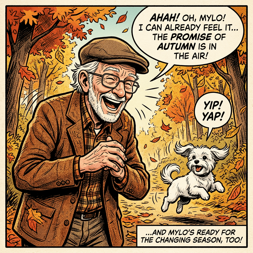 Comic panel text: “AHAH! OH, MYLO! I CAN ALREADY FEEL IT... THE PROMISE OF AUTUMN IS IN THE AIR!” “YIP! YAP!” “...AND MYLO'S READY FOR THE CHANGING SEASON, TOO!” An older man laughs beside a jumping dog among autumn trees.