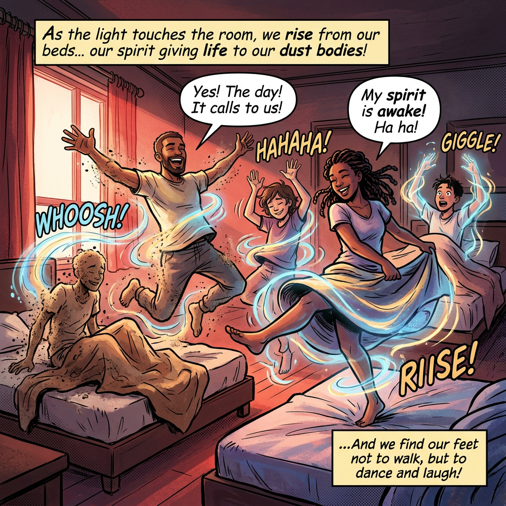 Comic text: “As the light touches the room, we rise from our beds... our spirit giving life to our dust bodies!” “Yes! The day! It calls to us!” “My spirit is awake! Ha ha!” “WHOOOSH!” “HAHAHA!” “GIGGLE!” “RISE!” “...And we find our feet not to walk, but to dance and laugh!”