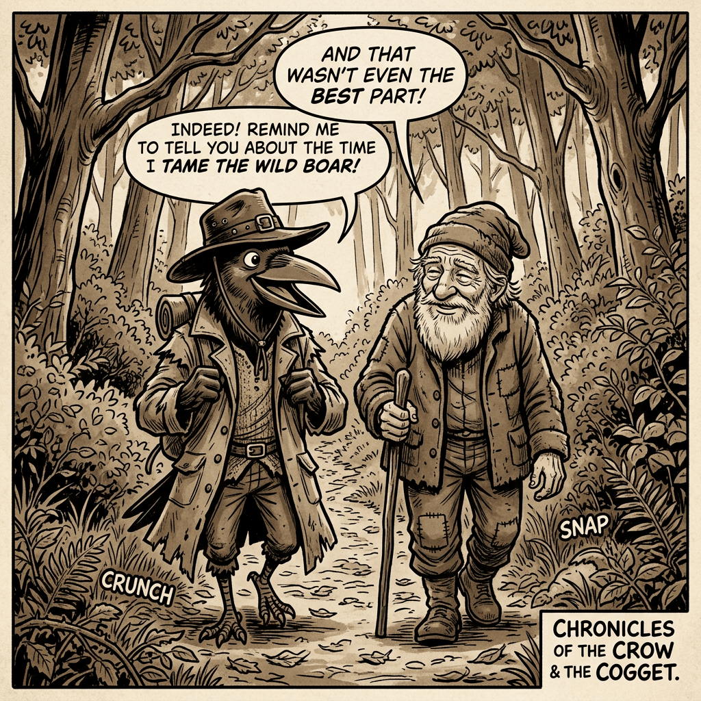 Comic panel: “AND THAT WASN’T EVEN THE BEST PART!” “INDEED! REMIND ME TO TELL YOU ABOUT THE TIME I TAME THE WILD BOAR!” “CRUNCH” “SNAP” “CHRONICLES OF THE CROW & THE COGGET.”