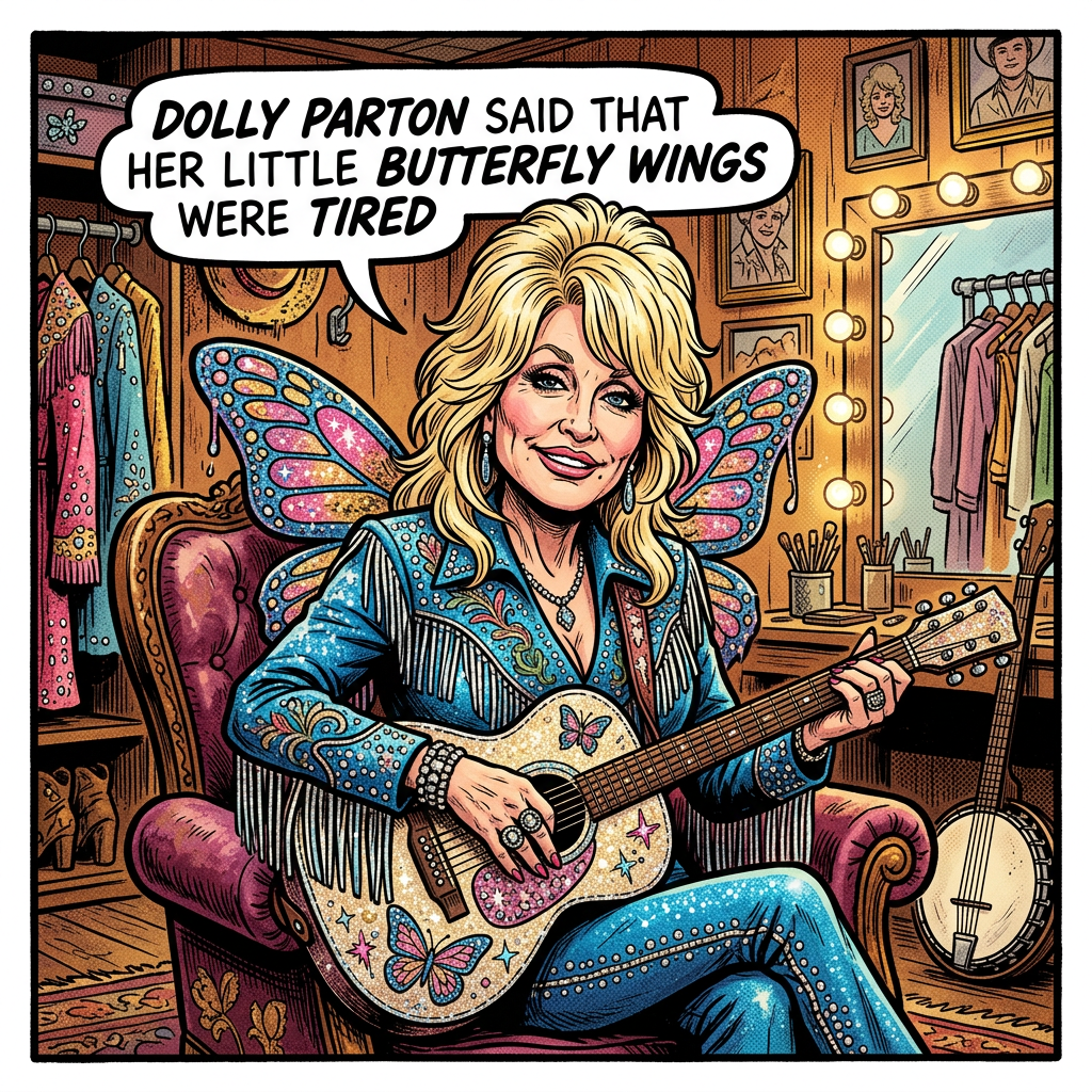 Illustration with text: DOLLY PARTON SAID THAT HER LITTLE BUTTERFLY WINGS WERE TIRED