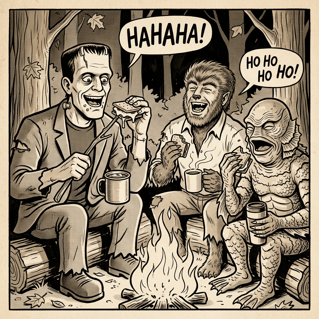 Three monsters laugh around a campfire; speech bubbles read “HAHAHA!” and “HO HO HO!”