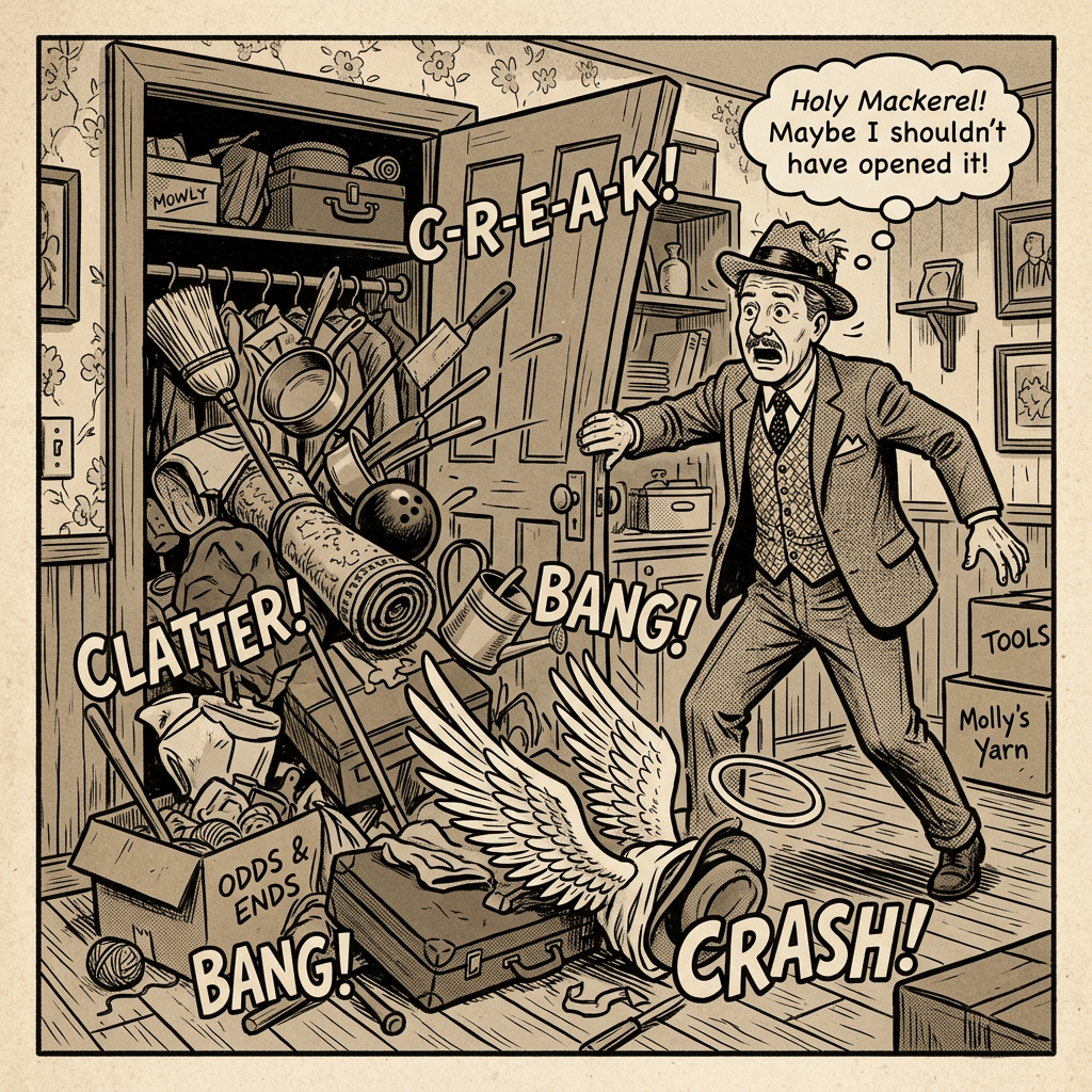 Vintage comic panel of man discovering cluttered closet with falling tools and luggage