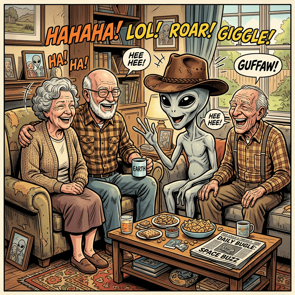 Three older adults laugh with a cowboy-hatted alien beside snacks and a newspaper