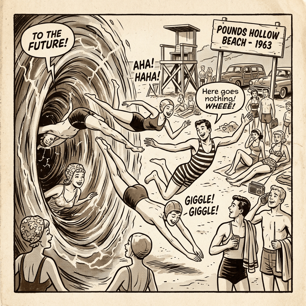Comic panel showing people emerging from a portal at Pounds Hollow Beach in 1963