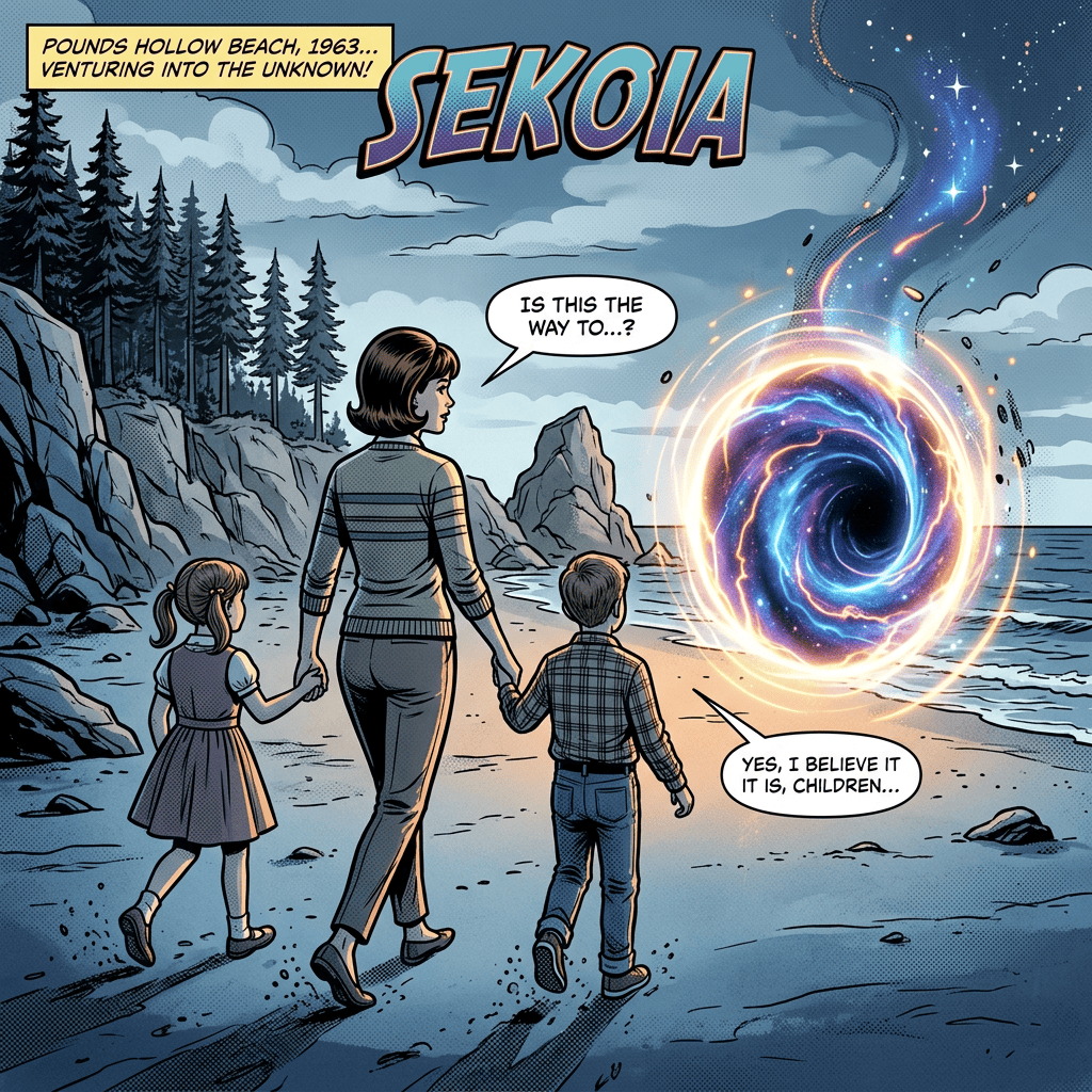 Mother and two children approach a glowing portal on Pounds Hollow Beach