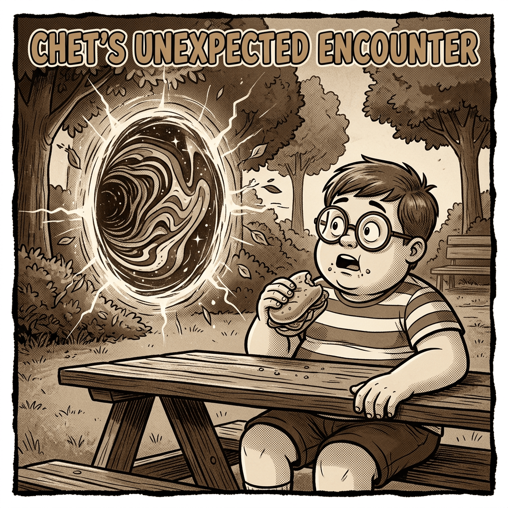Comic panel reading “CHET’S UNEXPECTED ENCOUNTER,” showing a boy at a picnic table facing a glowing portal.