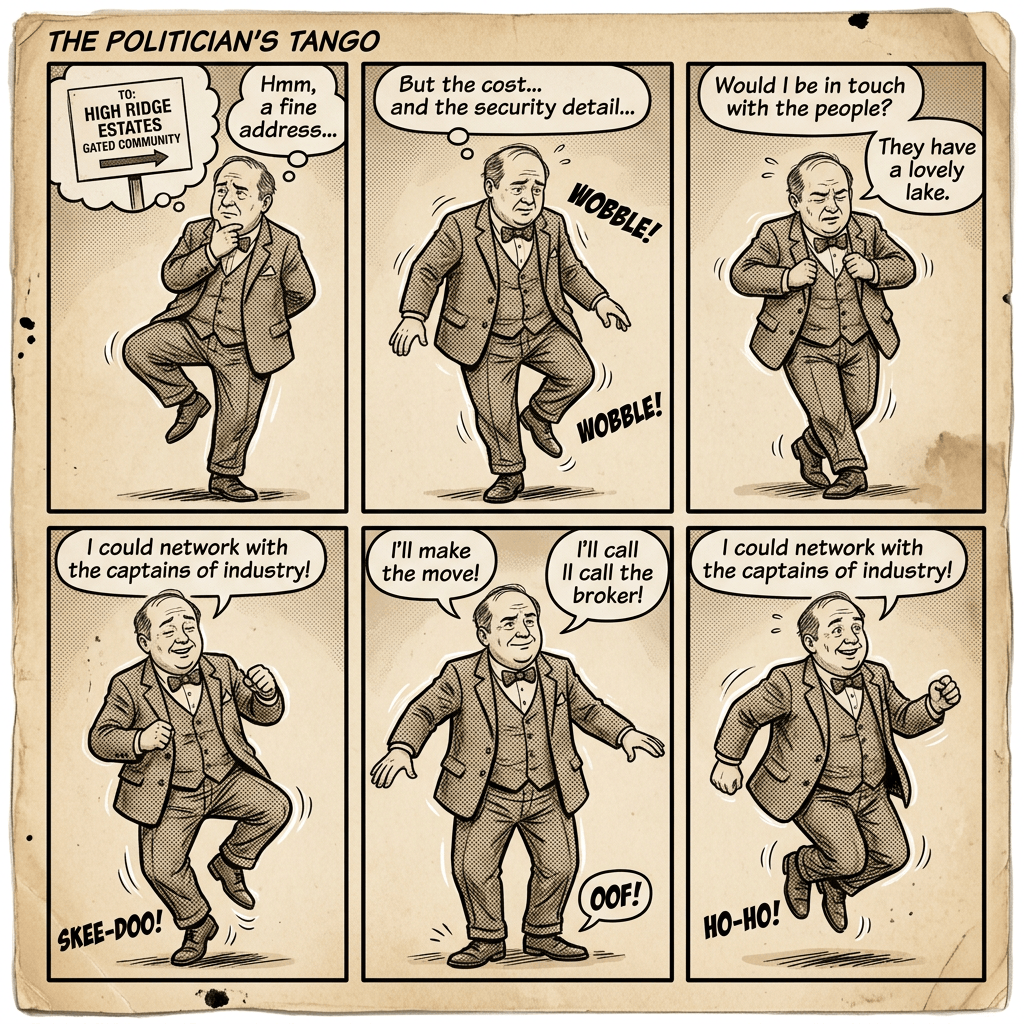 Comic titled THE POLITICIAN'S TANGO. A politician considers HIGH RIDGE ESTATES GATED COMMUNITY, saying "Hmm, a fine address..." and "But the cost... and the security detail..." He asks, "Would I be in touch with the people?" and hears, "They have a lovely lake." Further panels read "I could network with the captains of industry!" twice, "I'll make the move!", "I'll call the broker!", "WOBBLE!", "SKEE-DOO!", "OOF!", and "HO-HO!"