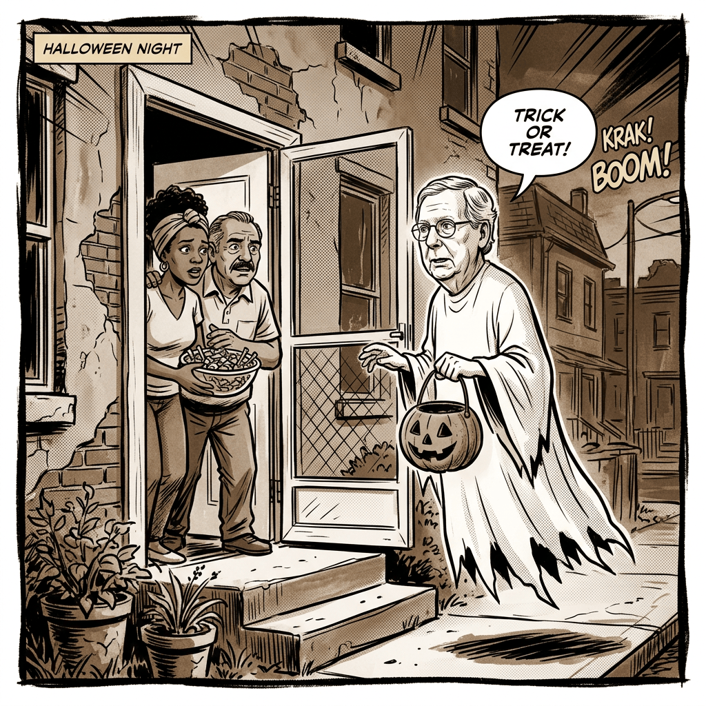 Comic panel with “HALLOWEEN NIGHT,” “TRICK OR TREAT!,” and “KRAK! BOOM!”