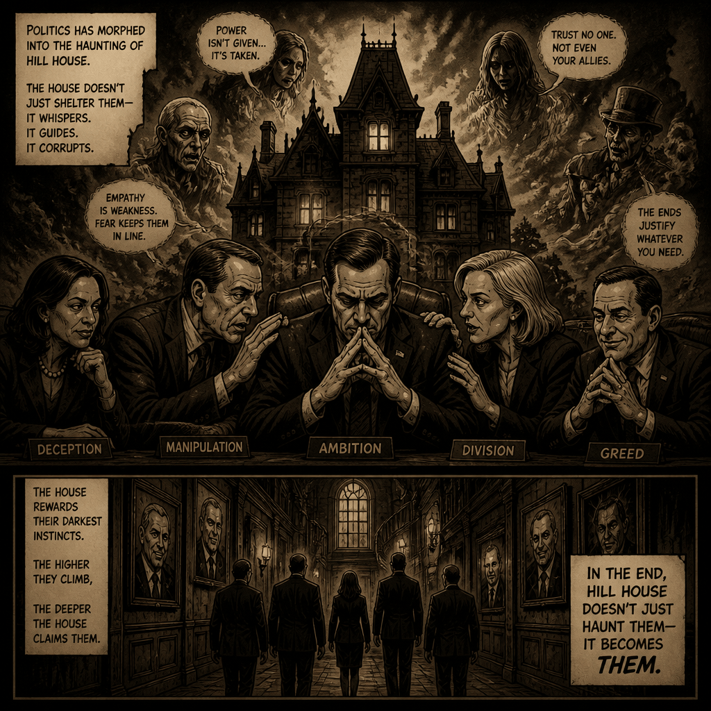 Gothic comic about a haunted house and corrupt politicians; text reads: “Politics has morphed into the haunting of Hill House. The house doesn’t just shelter them—it whispers. It guides. It corrupts.” “Power isn’t given… it’s taken.” “Trust no one. Not even your allies.” “Empathy is weakness. Fear keeps them in line.” “The ends justify whatever you need.” Labels: “Deception,” “Manipulation,” “Ambition,” “Division,” “Greed.” Bottom text reads: “The house rewards their darkest instincts. The higher they climb, the deeper the house claims them.” “In the end, Hill House doesn’t just haunt them—it becomes them.”