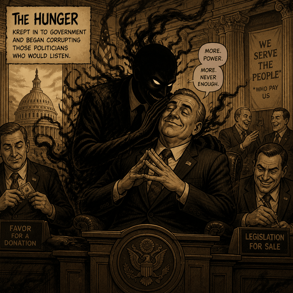 Political cartoon text reads: The Hunger kept in to government and began corrupting those politicians who would listen; More. Power. More. Never enough.; We serve the people* *who pay us; Favor for a donation; Legislation for sale.