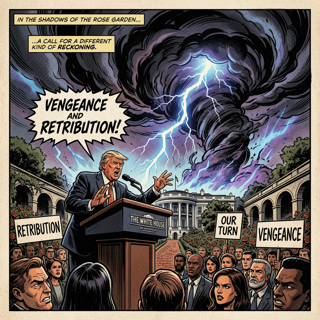 Comic panel reading “IN THE SHADOWS OF THE ROSE GARDEN…,” “…A CALL FOR A DIFFERENT KIND OF RECKONING,” “VENGEANCE AND RETRIBUTION!,” “RETRIBUTION,” “THE WHITE HOUSE,” “OUR TURN,” and “VENGEANCE,” with a speaker addressing a crowd.