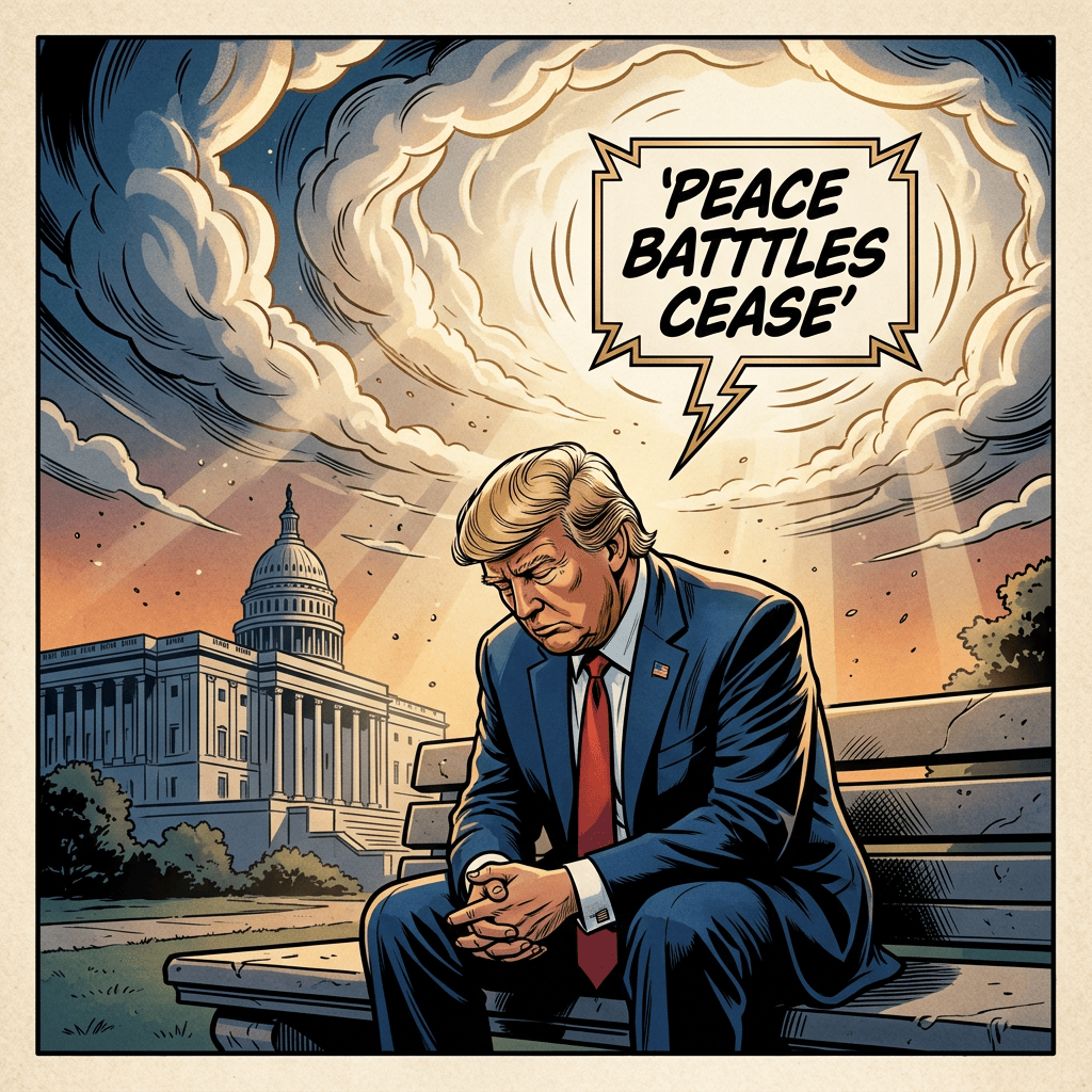 Political cartoon of a seated politician outside the Capitol with text reading “PEACE BATTLES CEASE.”