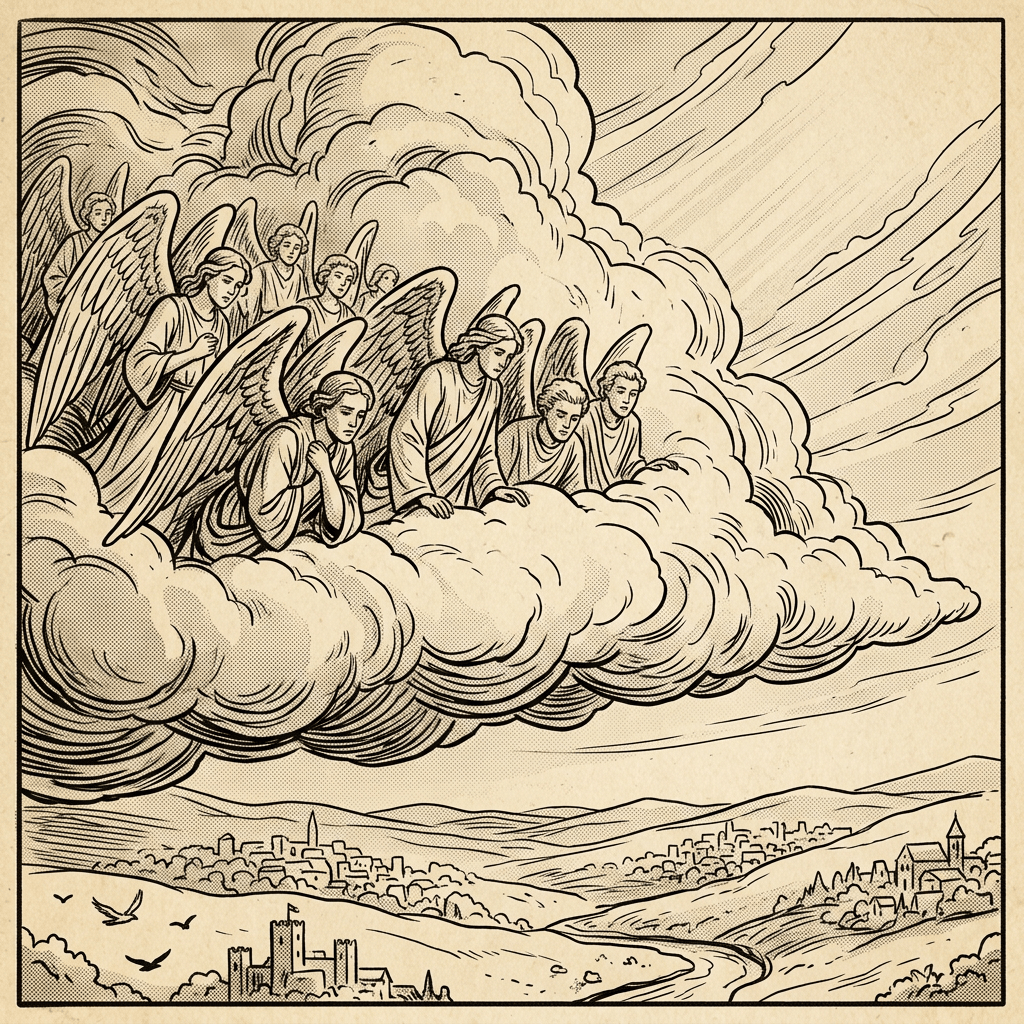 Six angels gathered on clouds above castles, villages, and rolling countryside