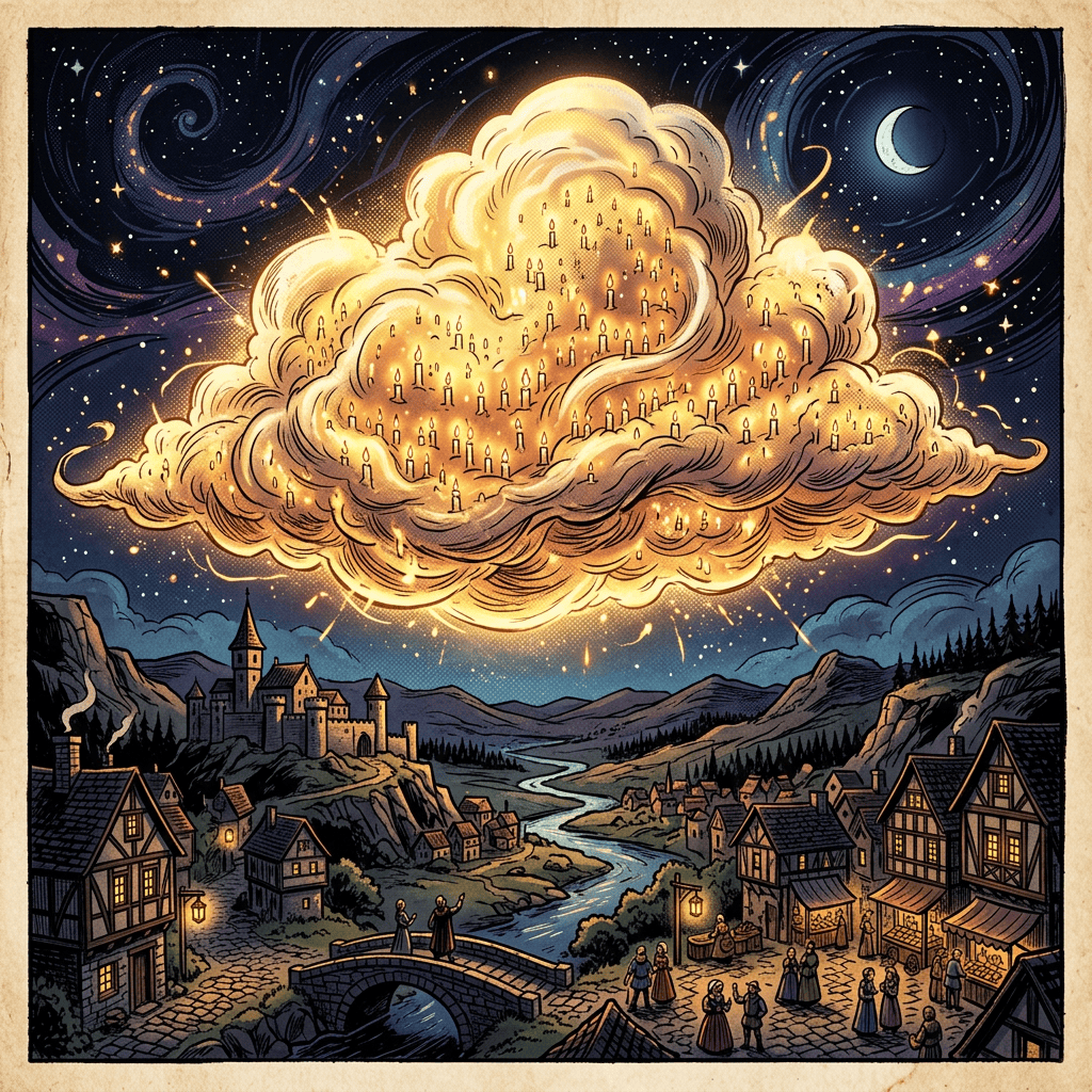 Candle-filled golden cloud floating above a medieval village and winding river