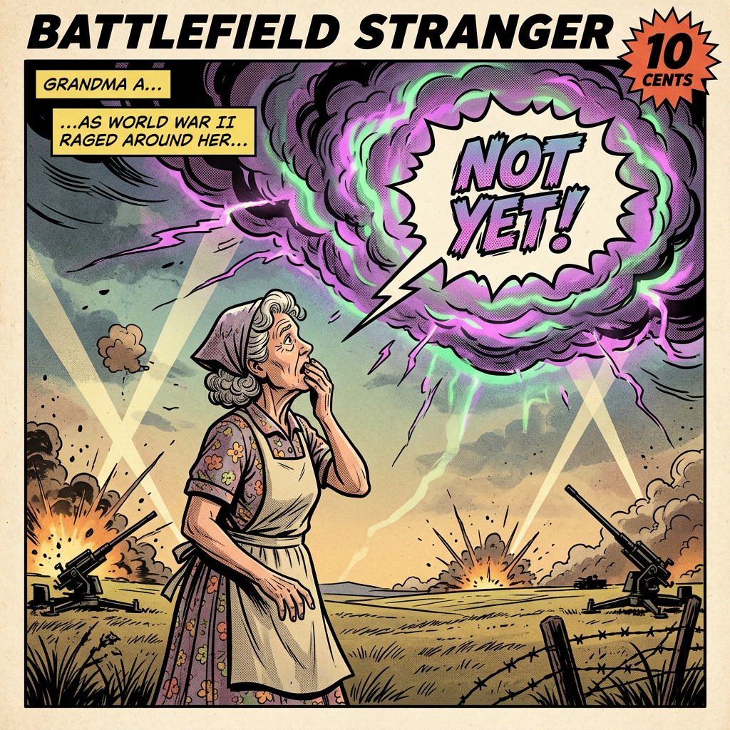 Comic cover reading “BATTLEFIELD STRANGER,” “GRANDMA A...,” “...AS WORLD WAR II RAGED AROUND HER...,” “NOT YET!,” and “10 CENTS”