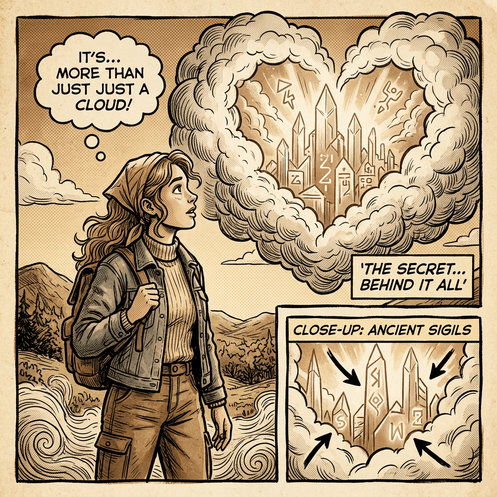 Comic panel with woman, cloud city, and text: “IT’S... MORE THAN JUST JUST A CLOUD!”, “THE SECRET... BEHIND IT ALL,” and “CLOSE-UP: ANCIENT SIGILS.”