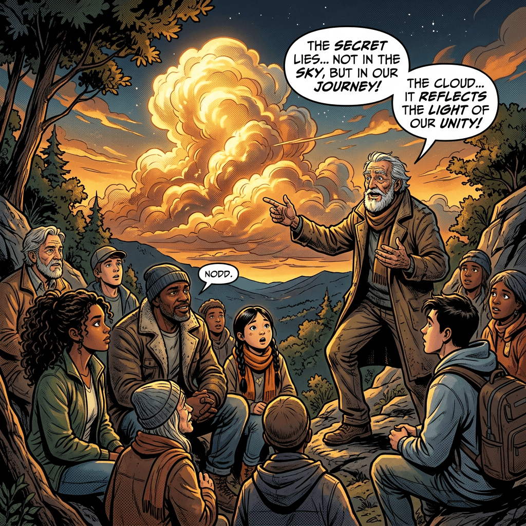 Comic scene with group listening; speech bubbles read: “THE SECRET LIES... NOT IN THE SKY, BUT IN OUR JOURNEY!” “THE CLOUD... IT REFLECTS THE LIGHT OF OUR UNITY!” and “NODD.”