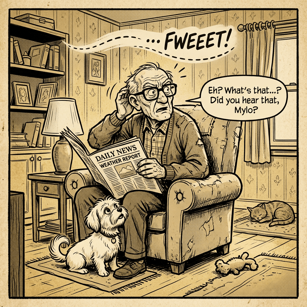 Comic of man reading DAILY NEWS WEATHER REPORT, hearing “SWEET!”, with dog and cat; speech: “Eh? What’s that...? Did you hear that, Mylo?”