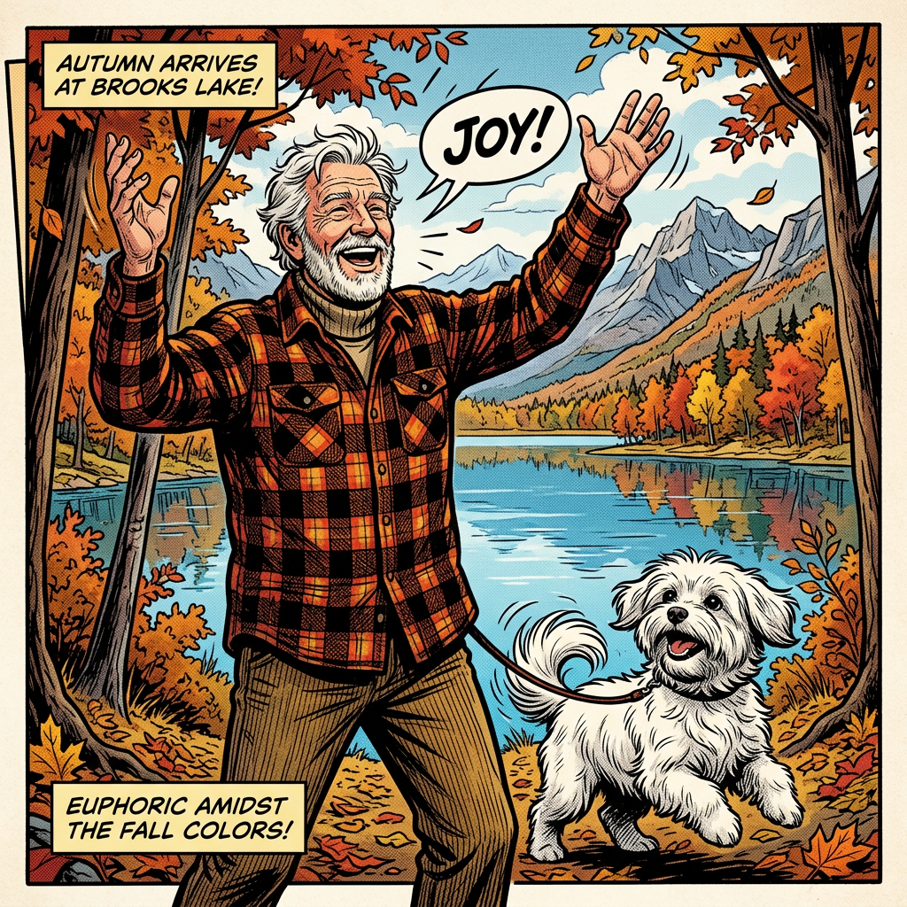 Old man and Maltese celebrating fall at lake