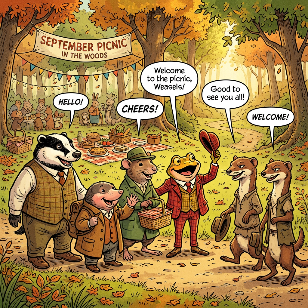 September Picnic in the Woods; Hello! Cheers! Welcome to the picnic, Weasels! Good to see you all! Welcome!