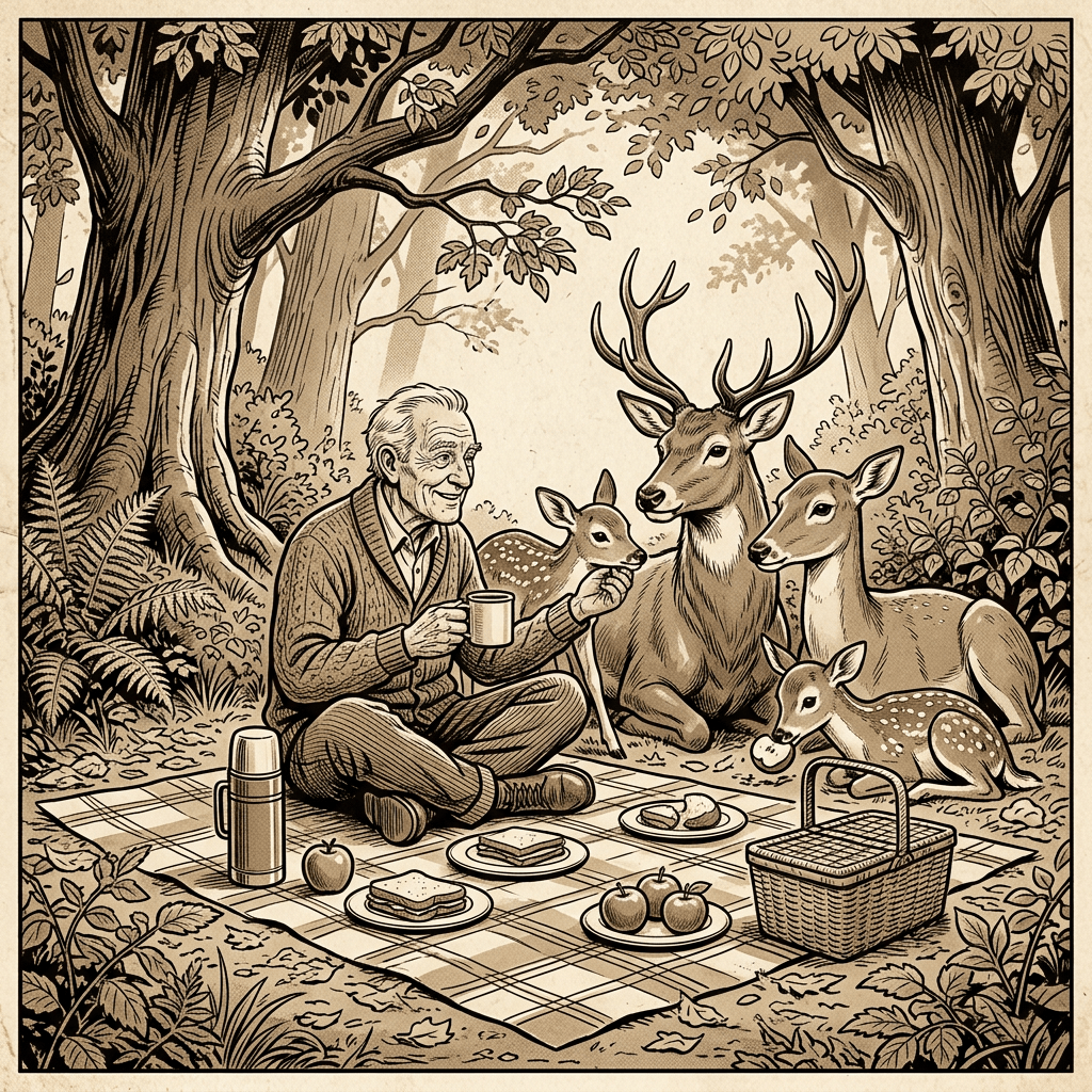 Person sharing a picnic with four deer in a forest
