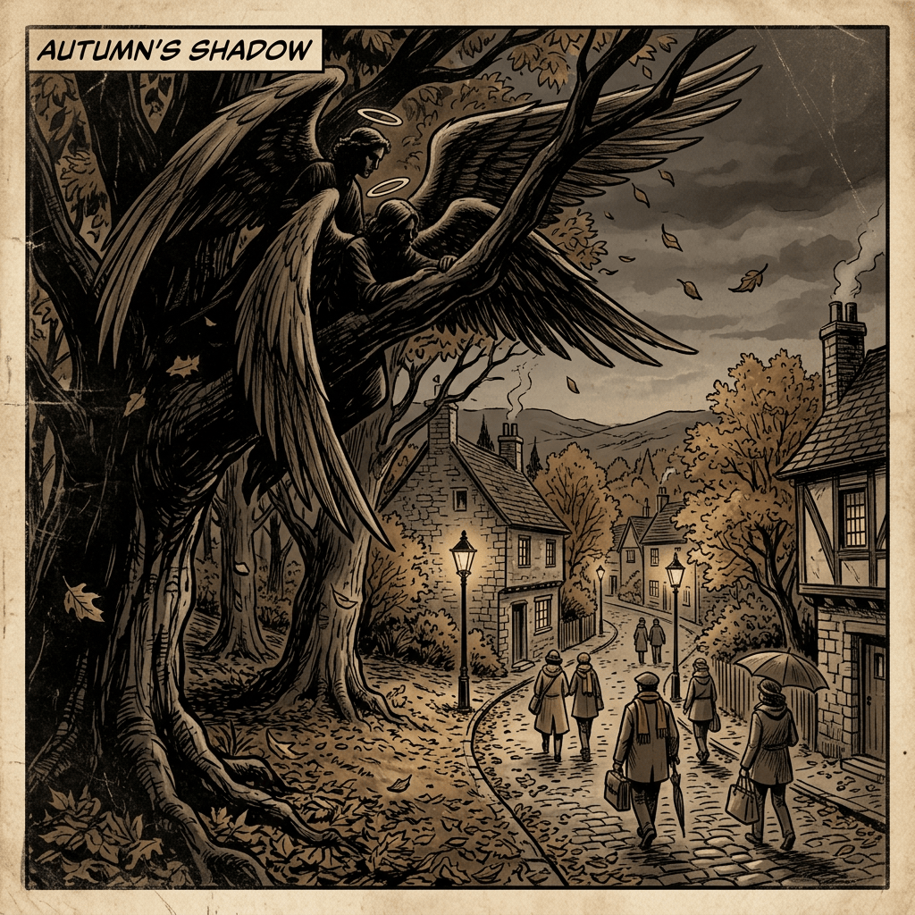AUTUMN’S SHADOW; winged figures overlook villagers in an autumn village