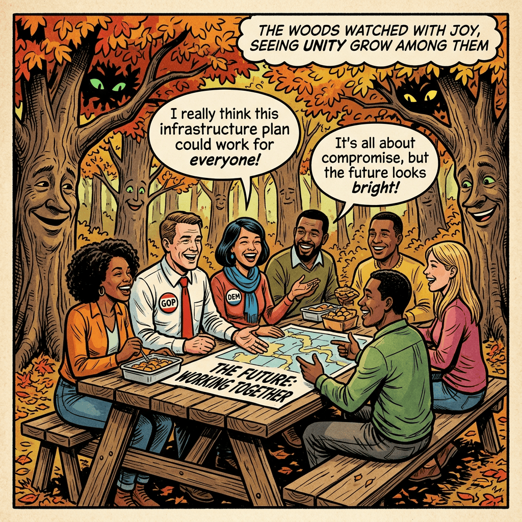 Illustrated community meeting with GOP and DEM participants; text reads “THE WOODS WATCHED WITH JOY, SEEING UNITY GROW AMONG THEM,” “I really think this infrastructure plan could work for everyone!,” “It’s all about compromise, but the future looks bright!,” and “THE FUTURE: WORKING TOGETHER.”