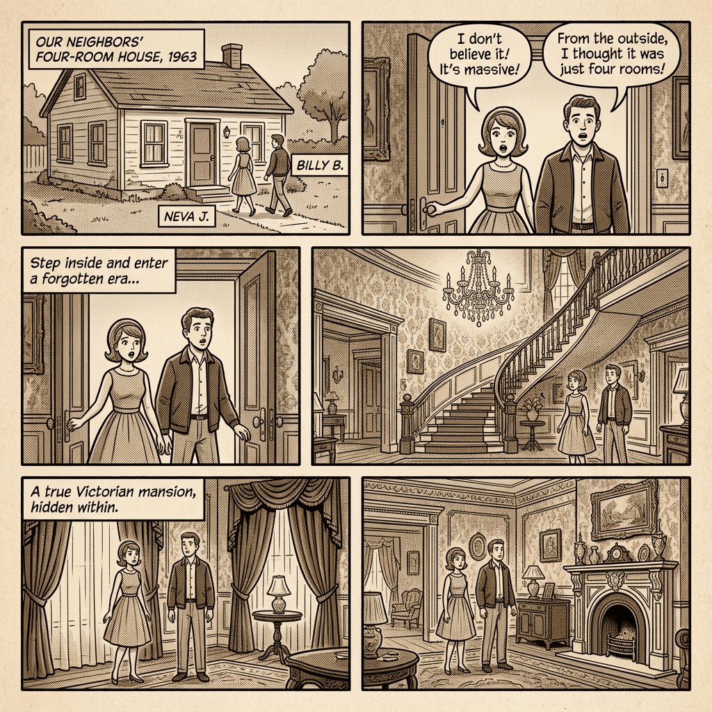 Comic panels show Neva and Billy discovering a hidden Victorian mansion inside a four-room house.
