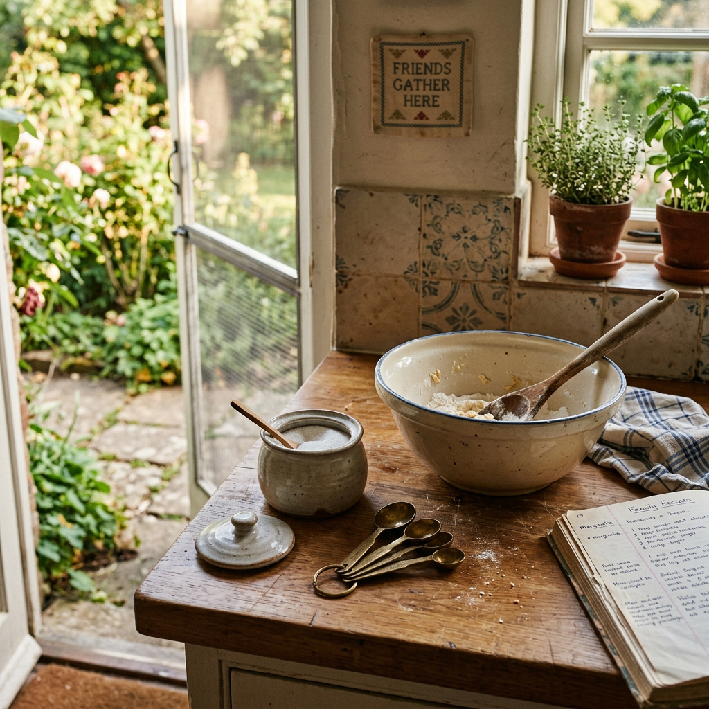 Baking bowl, measuring spoons, plants, and open recipe book on kitchen table
