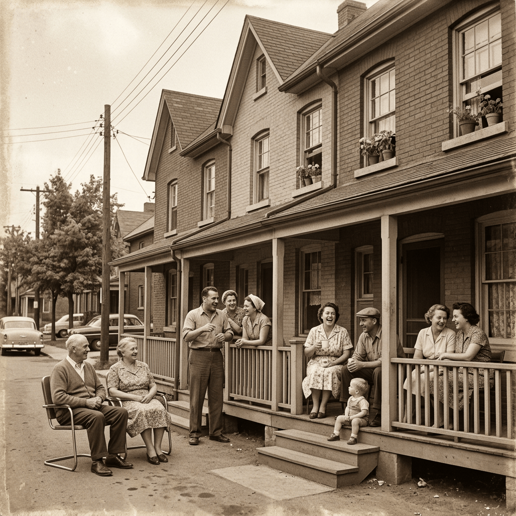 Neighbors and children socializing outside brick row houses on a residential street