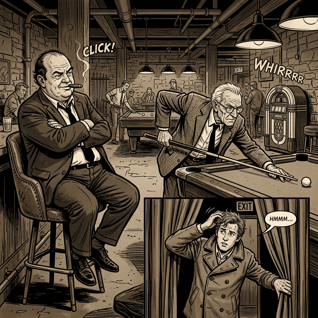 Vintage pool hall scene with CLICK!, WHIRRRR, EXIT, EXIT, and HMMM... text