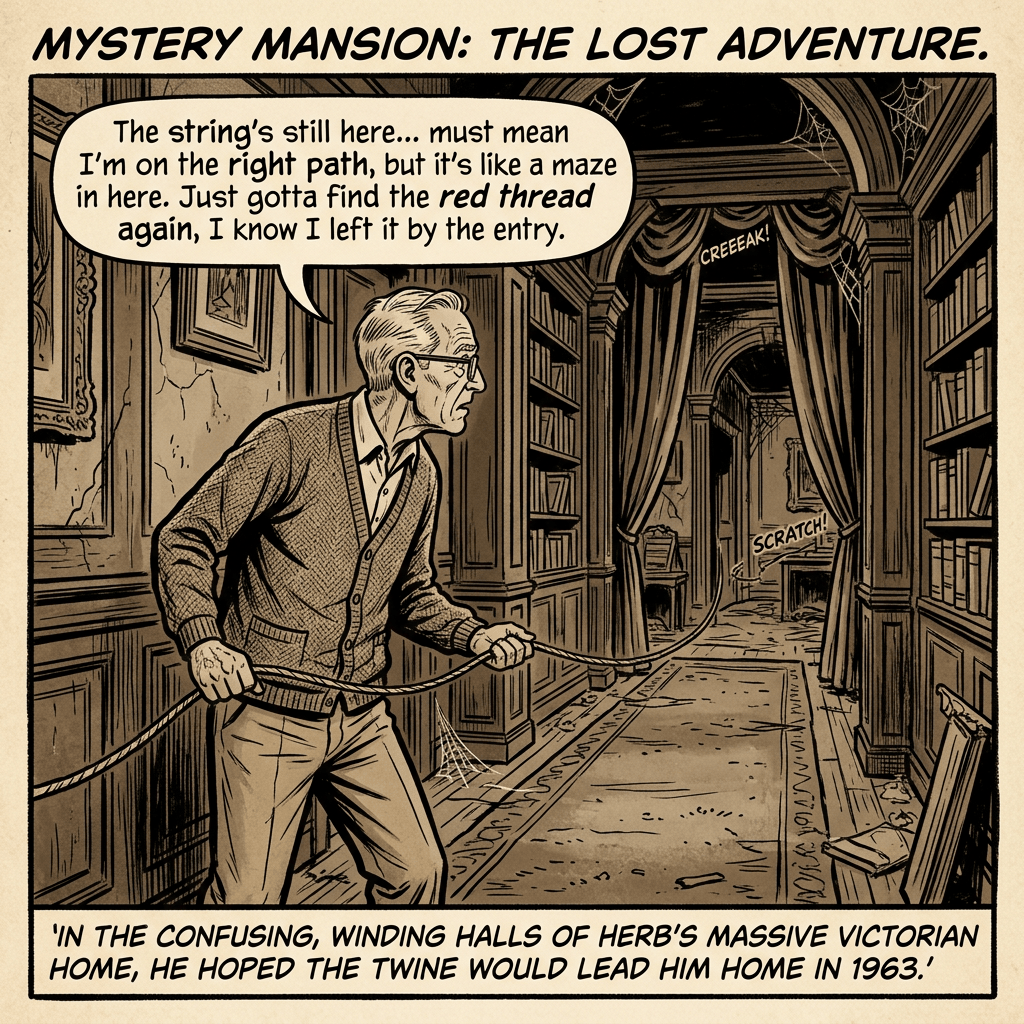 MYSTERY MANSION: THE LOST ADVENTURE. The string’s still here... must mean I’m on the right path, but it’s like a maze in here. Just gotta find the red thread again, I know I left it by the entry. CREEEAK! SCRATCH! In the confusing, winding halls of Herb’s massive Victorian home, he hoped the twine would lead him home in 1963.