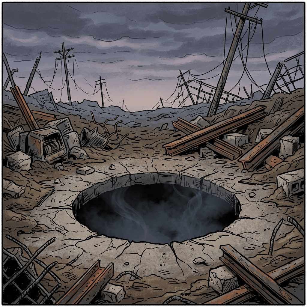 Smoke-filled crater amid rubble, broken beams, and fallen power lines