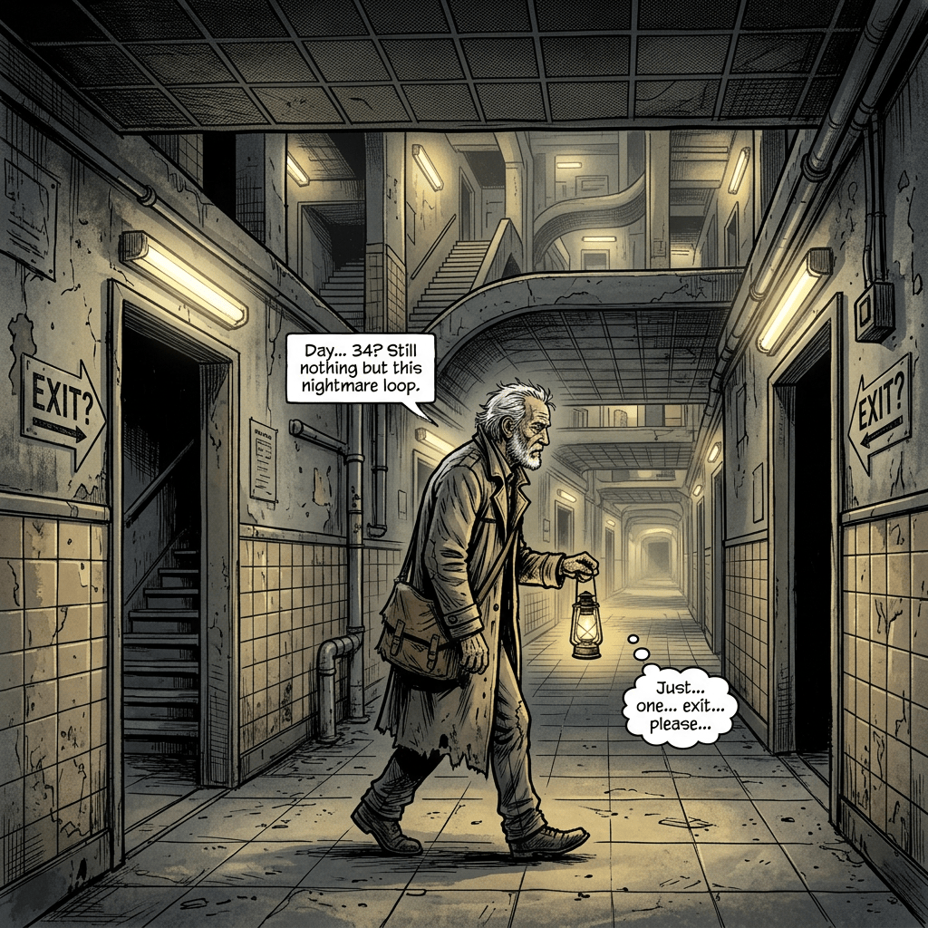 Man carrying lantern in corridor; signs read “EXIT?”; speech bubbles say “Day... 34? Still nothing but this nightmare loop.” and “Just... one... exit... please...”