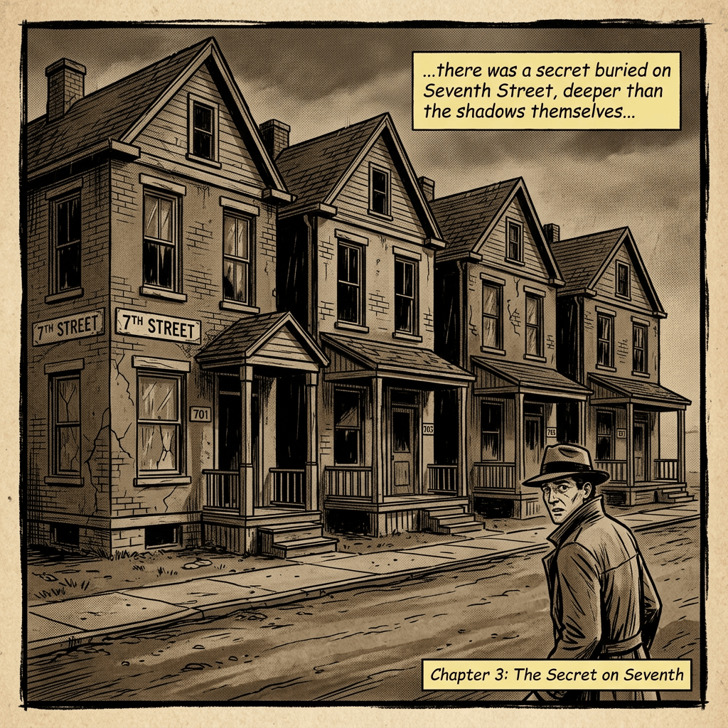 Comic panel reading “7TH STREET,” “701,” “703,” “705,” “...there was a secret buried on Seventh Street, deeper than the shadows themselves...,” and “Chapter 3: The Secret on Seventh.”