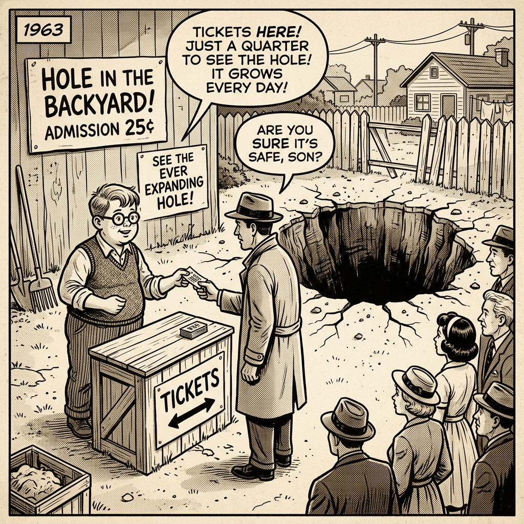 1950s-style comic showing a 1963 backyard hole attraction, ticket booth, visitors, and speech bubbles