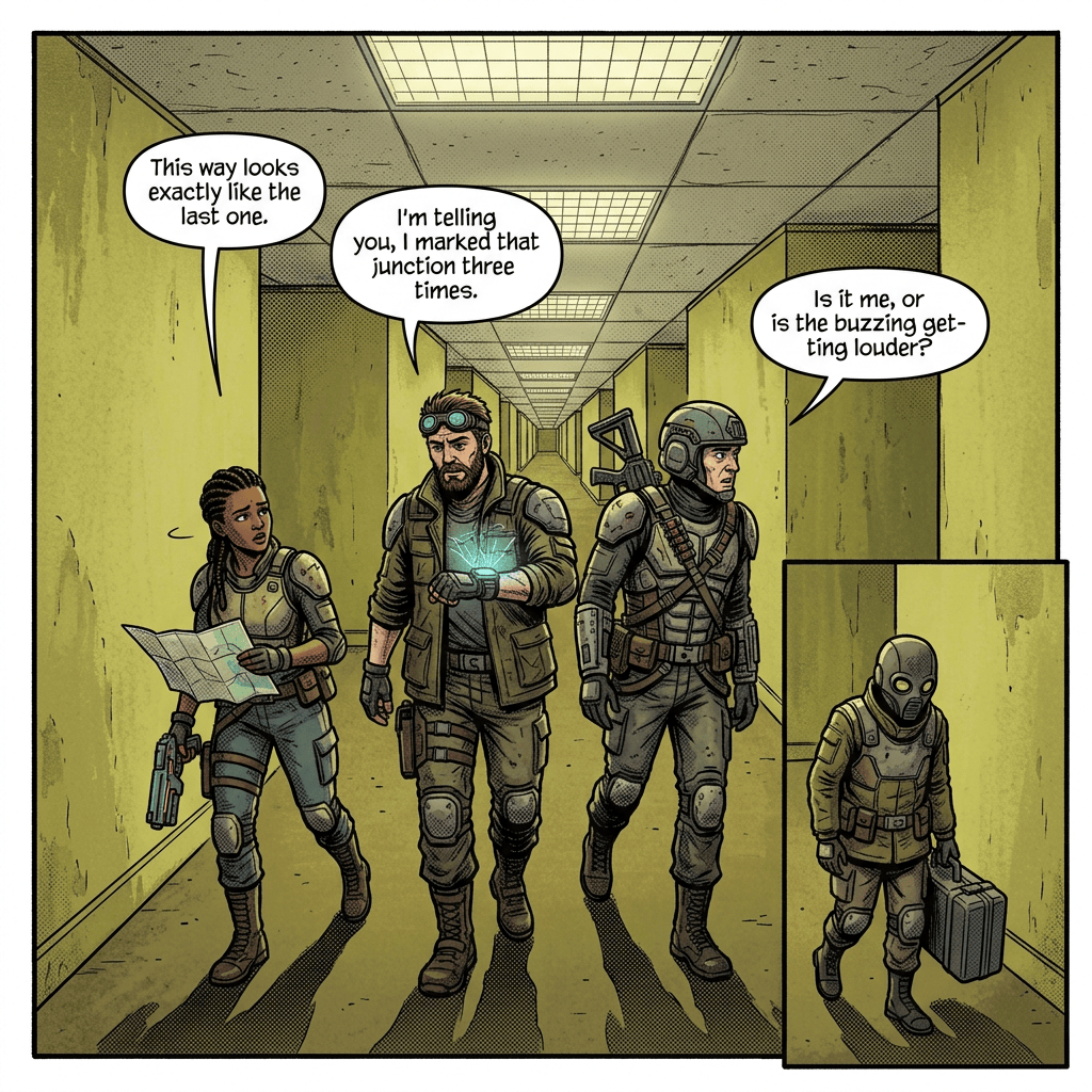 Four explorers in a corridor: “This way looks exactly like the last one.” “I’m telling you, I marked that junction three times.” “Is it me, or is the buzzing getting louder?”