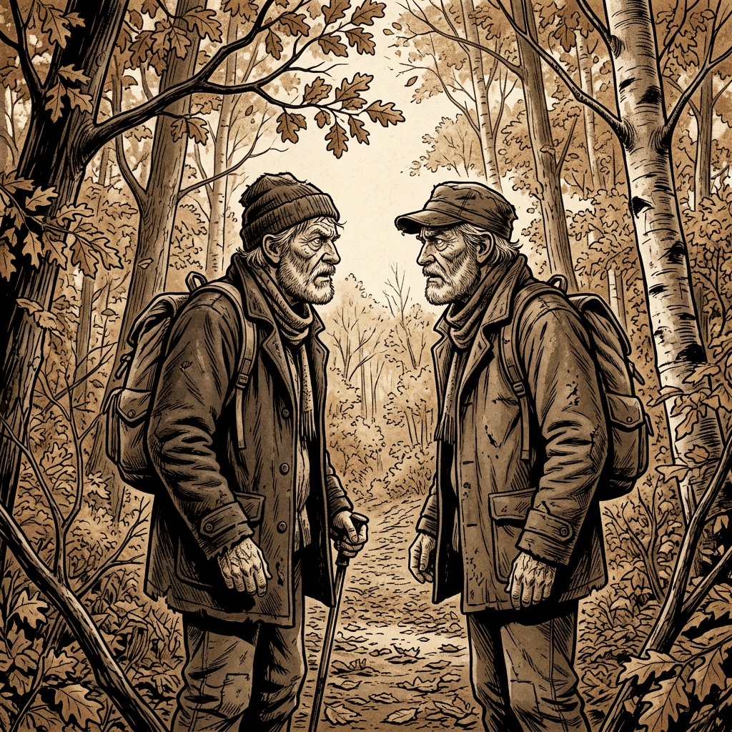 Old man and doppelgänger facing each other